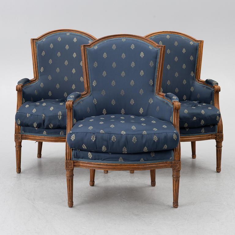 Fåtöljer, 3 st, Louis XVI-stil, Frankrike, 1800-talets slut.