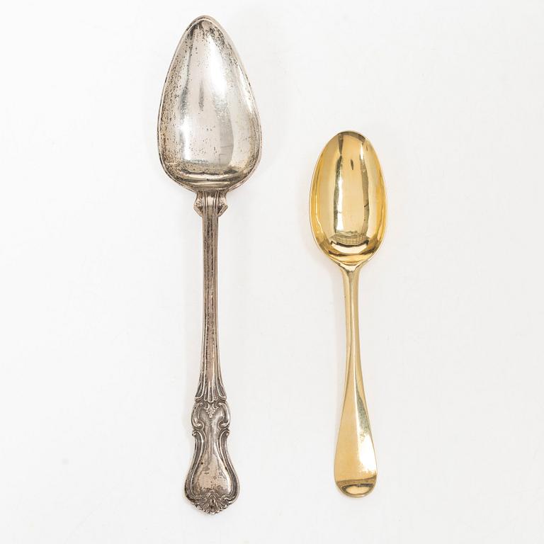 A Swedish silver gilt spoon, and a silver serving spoon, 18-19th Century.