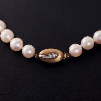 PÄRLCOLLIER, odlade pärlor, låset 14K guld, små diamanter.