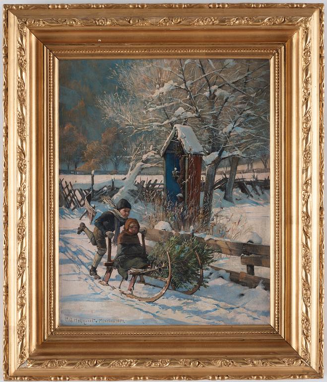 Carl Gustaf Hellqvist, Children kicksledding in the snow.