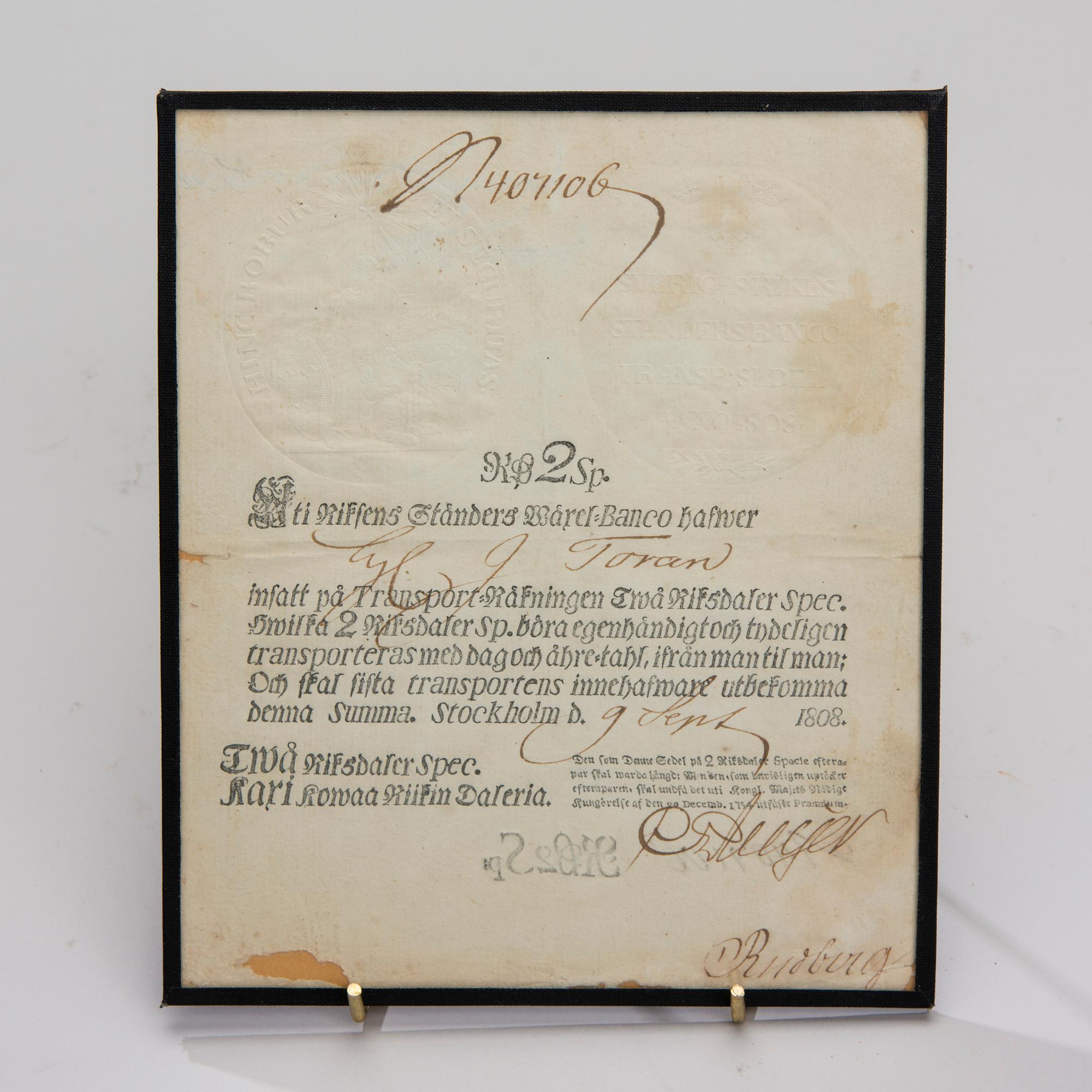 2 RIKSDALER, daterad 1808.