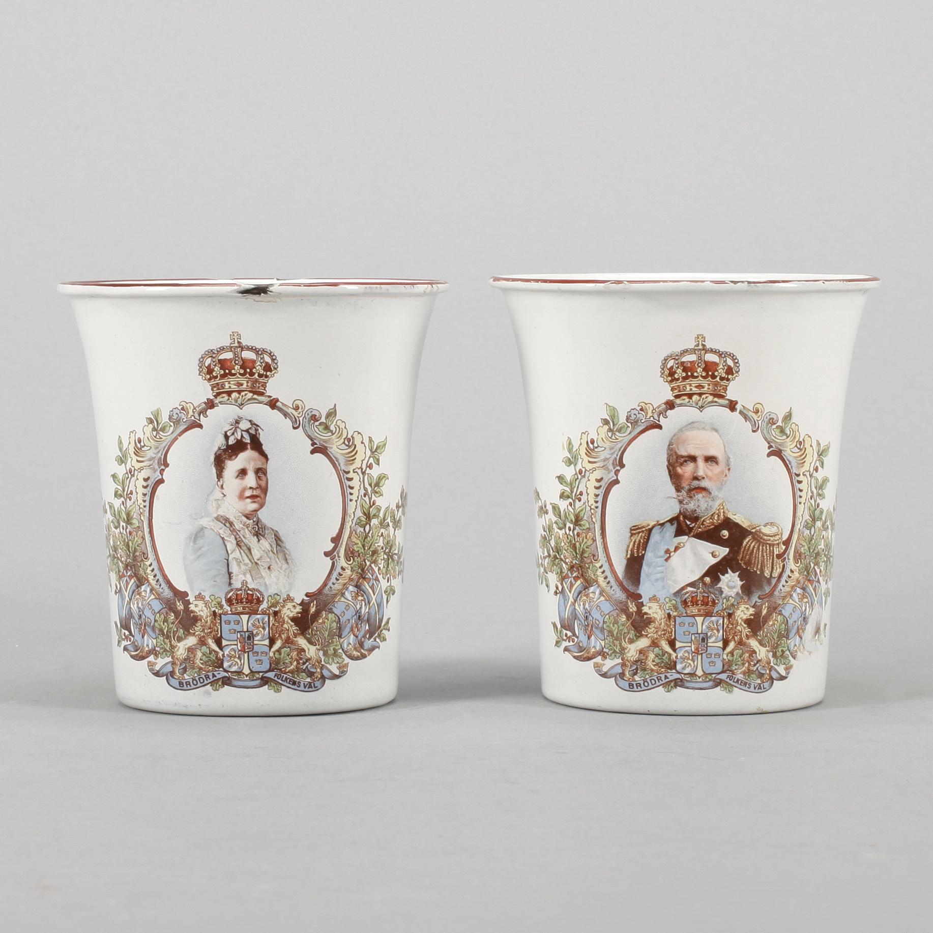 JUBILEUMSMUGGAR, ett par, Oscar II och Sofia av Nassau, emalj.