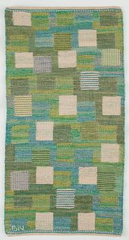 Barbro Nilsson, textiles, 2 pcs., one is "Nejlikan blå", tapestry weave, one is flat weave, both signed BN.
