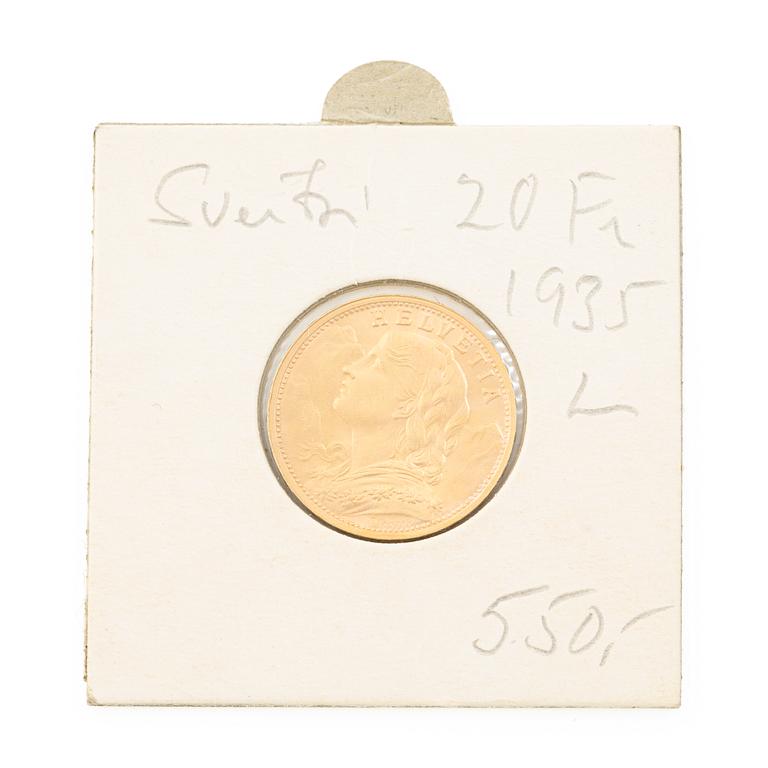 Gold coin, Switzerland, 20 Franc, 1935.