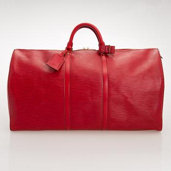 A RED EPI LEATHER KEEPALL TRAVEL BAG.