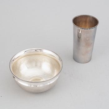 Tapio Wirkkala, a sterling silver bowl, Finland 1973, and Eric Löfman, a silver beaker, MGAB, Sweden 1975.