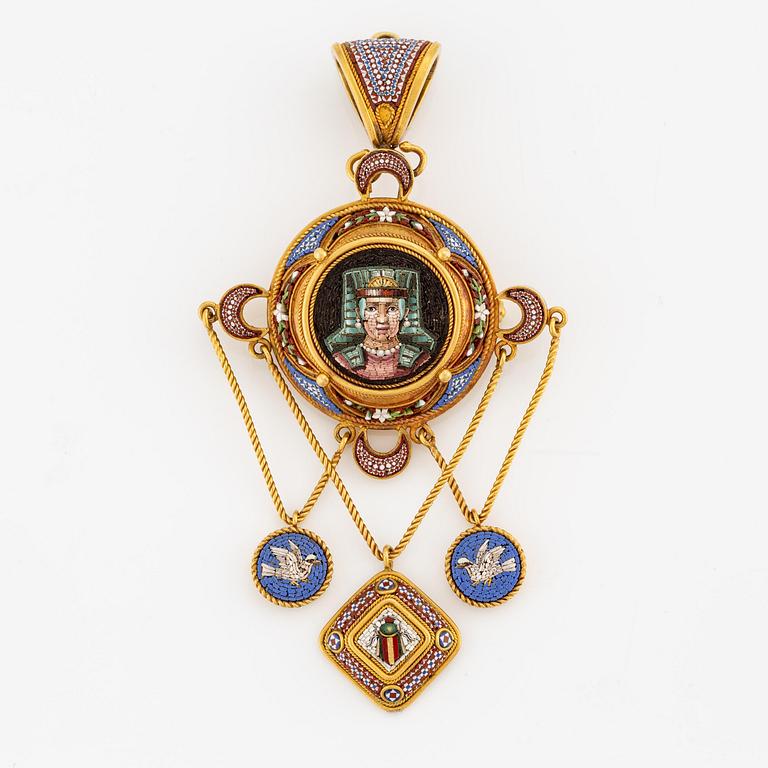 A Victorian Egyptian Revival Micromosaic pendant and a pair of earrings in 18K gold.