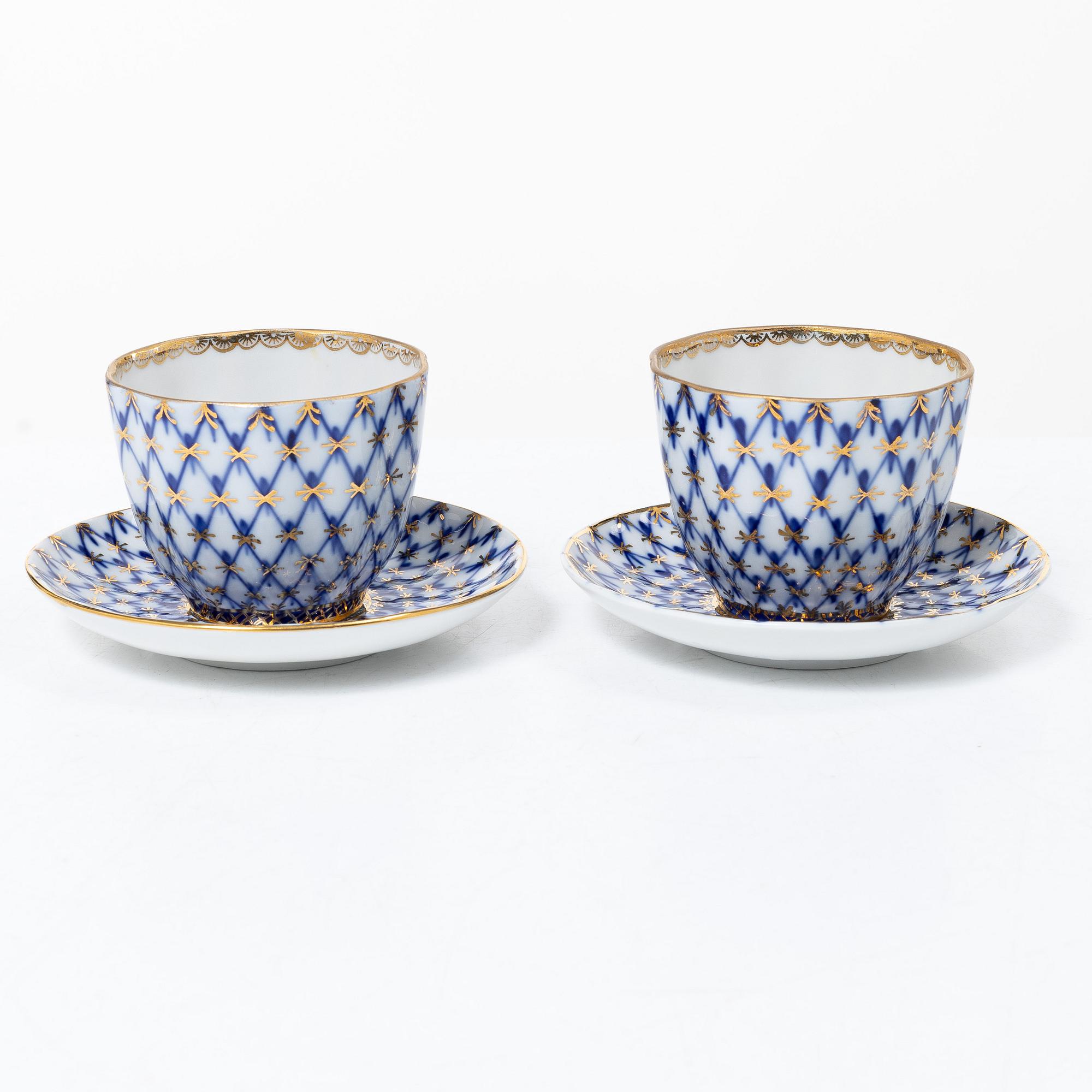 Tweleve coffee cups and saucers, 'Cobalt Net', Lomonosov.