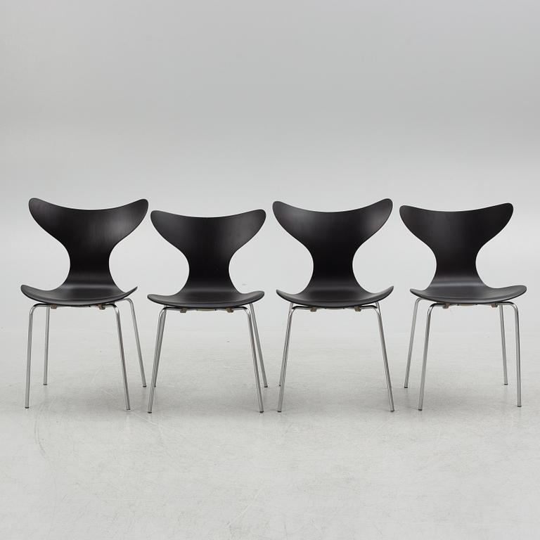 Arne Jacobsen, chairs, 4 pcs, "The Seagull"/"The Lily", Fritz Hansen, Denmark, 1970-71.