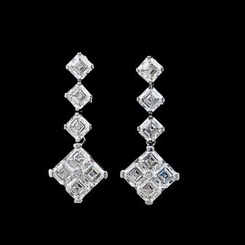 974. A pair of assher cut diamond, total carat weight 11.97 cts G-H/VVS, earrings.