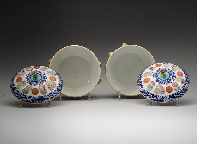 A pair of famille rose and blue enamel tureens with covers, late Qing dynasty.