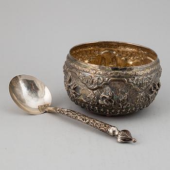 A silver bowl with a serving spoon, Thailand, 20th century.