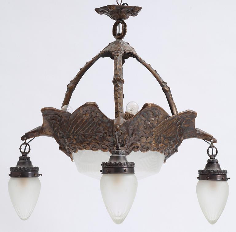 TAKLAMPA, jugend, Alice Nordin, tillskriven, för Böhlmarks Lampfabrik, 1910/20-tal. Totalhöjd: 85 cm.