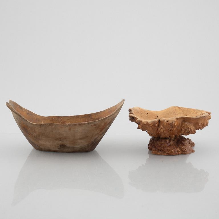 Ten carved burl wood bowls and cups, Sweden, 20th century.