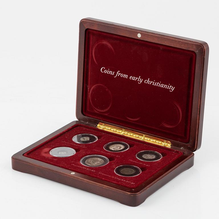 'Coins from early christianity', a set of six antique coins in case.