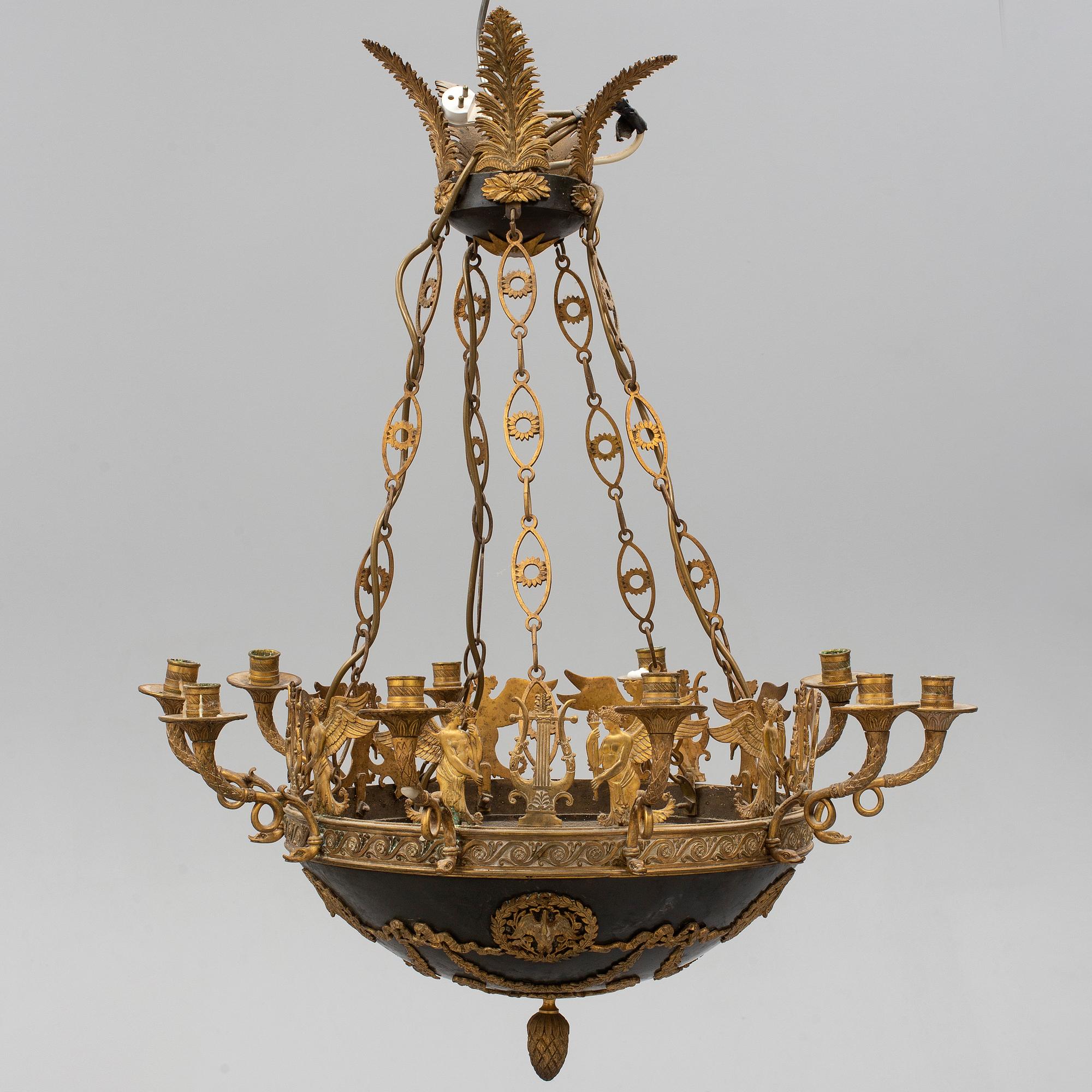 An Empire-style ten-light hanging lamp, late 19th century.