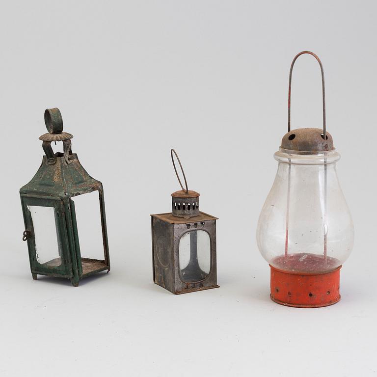 THREE GLASS AND TIN LANTERNS, 19th century.