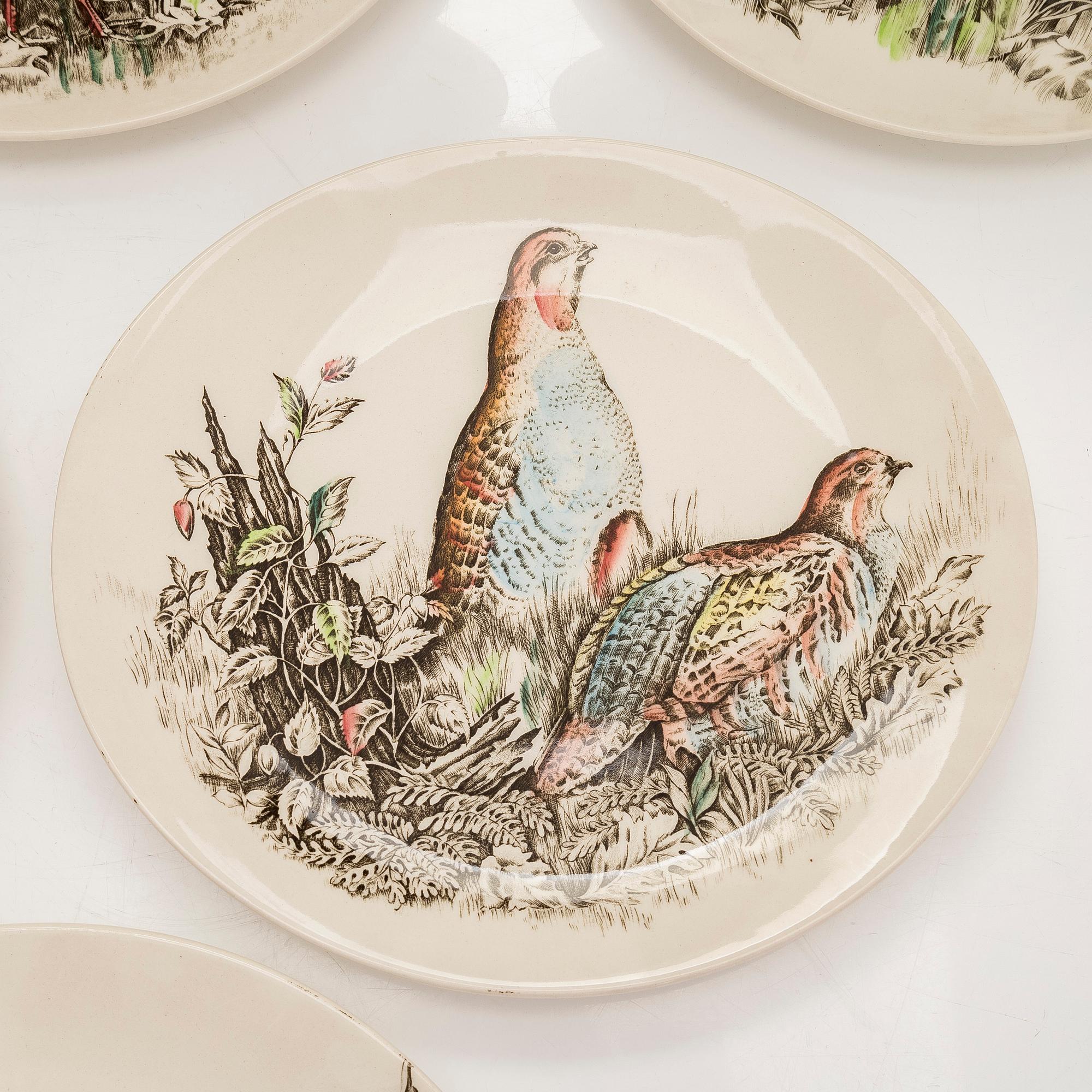 9 “Birds” plates, earthenware, Johnson Bros, England, first half/mid-20th century.