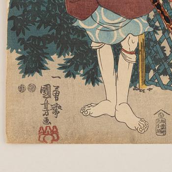 Utagawa Kunisada, three woodblock prints and Utagawa Kuniyoshi, woodblock print.