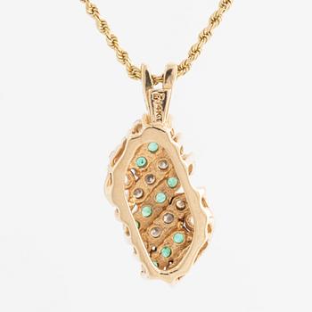 Necklace, gold, pendant with emeralds and brilliant-cut diamonds.