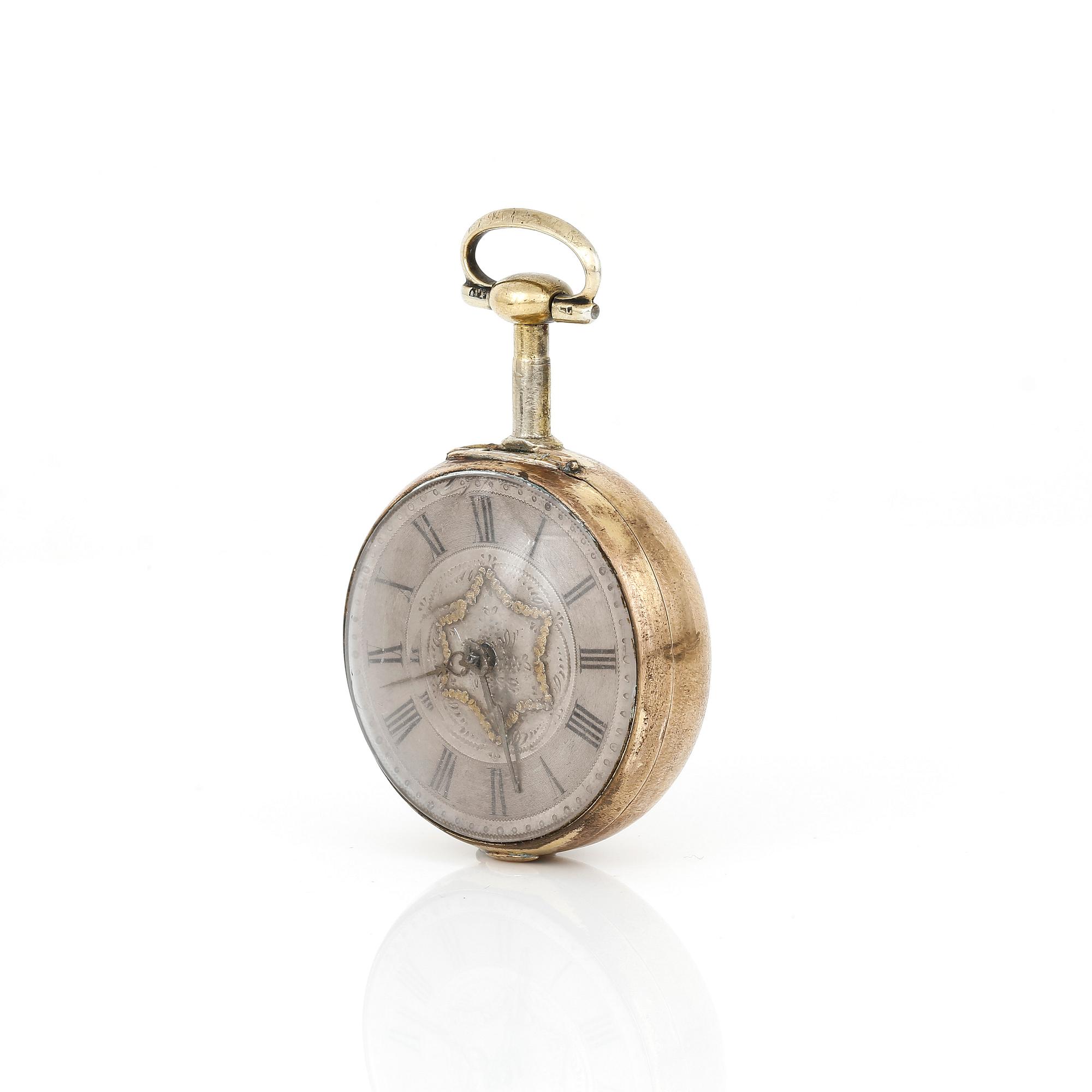 SPINDELUR, förgyllt, urverket märkt Thomas Grant, London. 1700-tal.