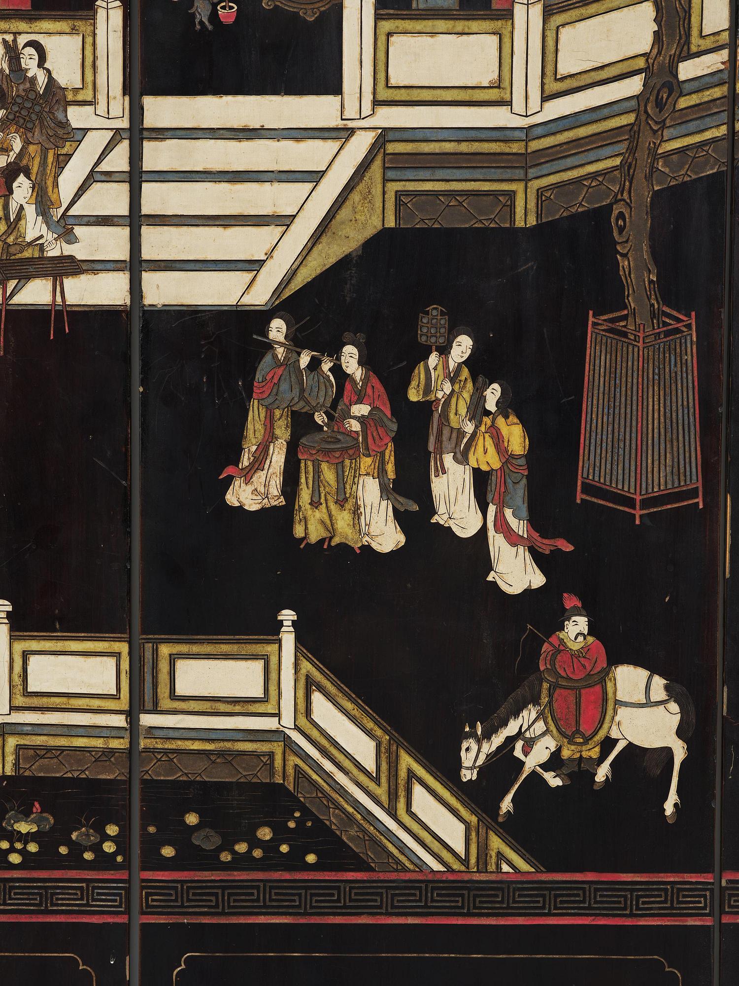 A Chinese four panel lacquer folding screen, first part of the 20th century.