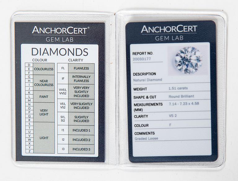 DIAMANT, oinfattad briljantslipad, 1.51 ct, E-F/VS enligt certifikat från IGI.