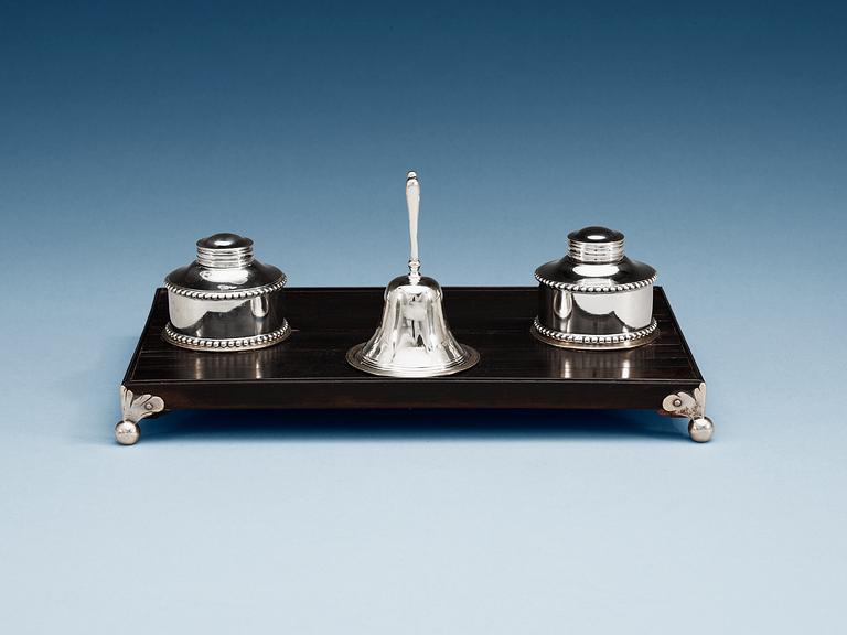 A Swedish 18th century silver and wood ink-stand, makers mark of Christian Henrik Klinck, Stockholm 1783.