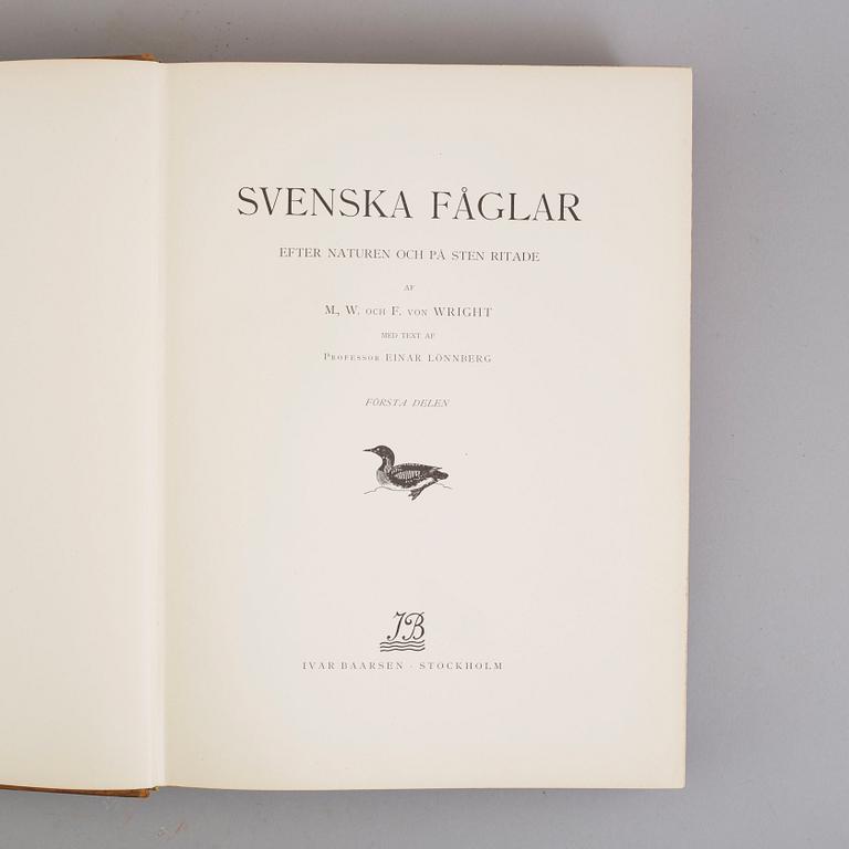 Three book "Svenska fåglar (Swedish birds)" with images by M, W & F VON WRIGHT, printed by Börtzells AB, 1924-1929.