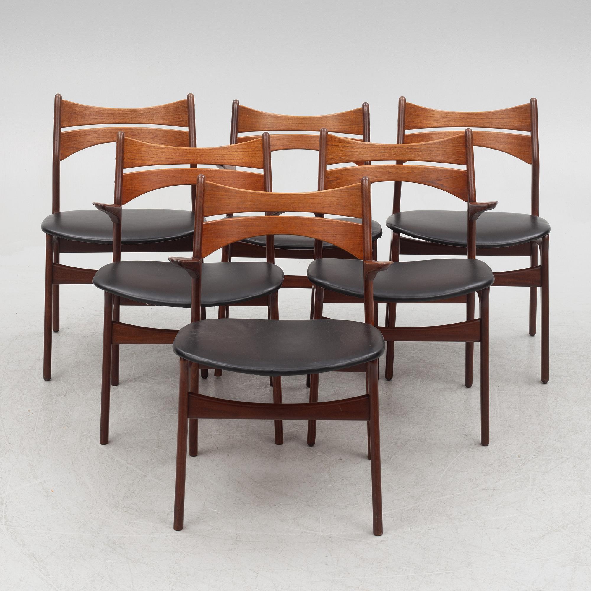 Erik Buch, two chairs and four armchairs, model 310, Christiansens Møbelfabrik, Denmark.