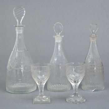 Vinglas, 11 stycken, samt karaffer med proppar tre stycken, glas, 1800-tal.