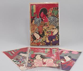 TRÄSNITT, 4 st, b la troligen Kunisada III, Japan, 1800/1900-tal.