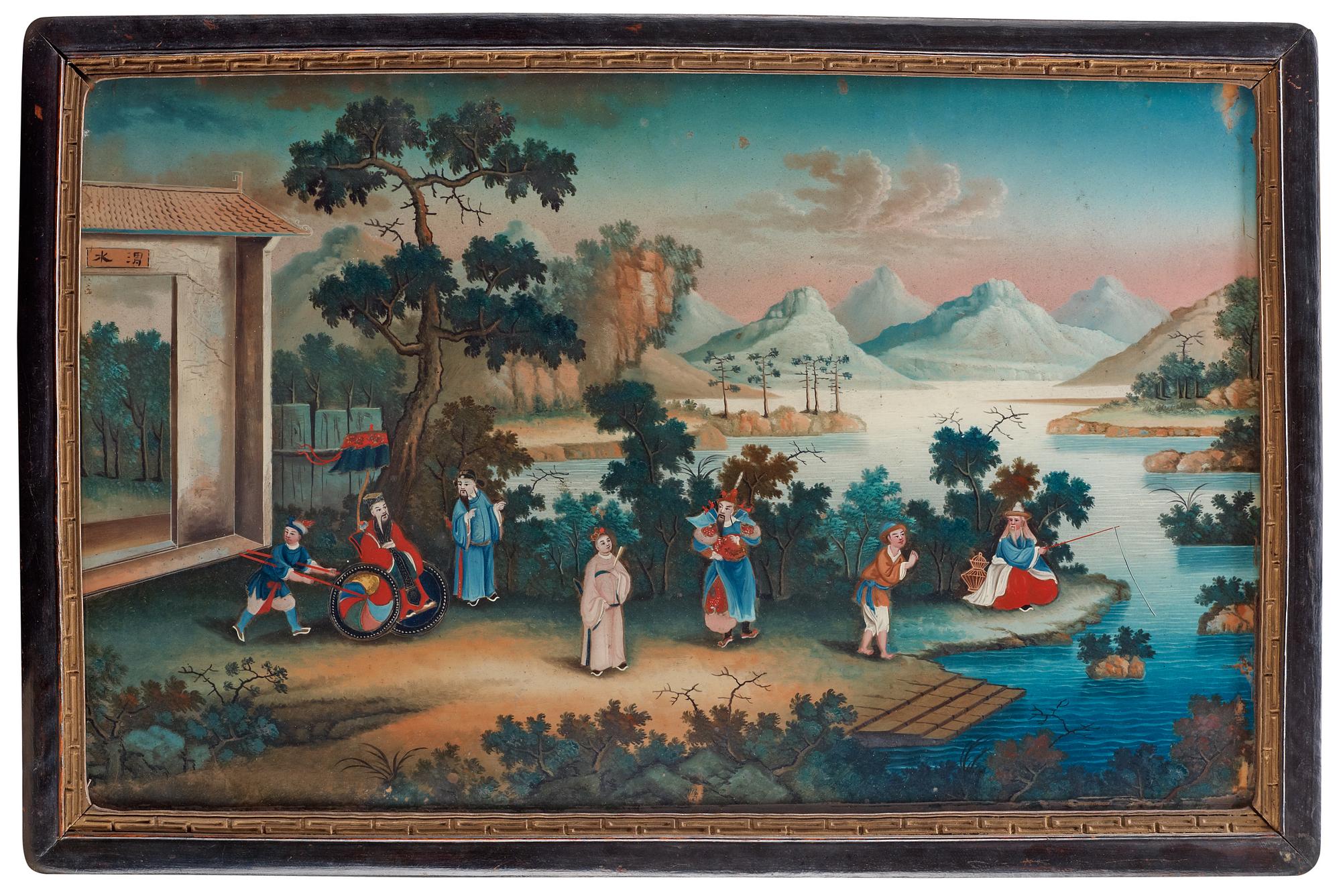 A reverse glass painting of a landscape with figures, Qing dynasty, circa 1800.