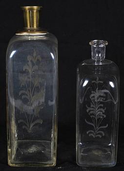 BRÄNNVINSFLASKOR, 2 st, glas, 1800-tal.