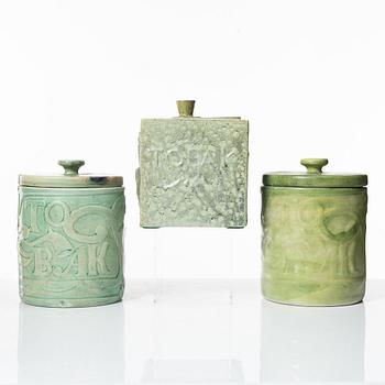 Allan Ebeling, three ceramic tobacco jars, Bo Fajans 1920s and Torshälla 1934.