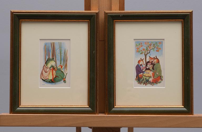 KONSTVYKORT, 5 st, efter Tove Jansson, fyra st med synlig signering i trycket, Taidekorttikeskus 1940-tal.