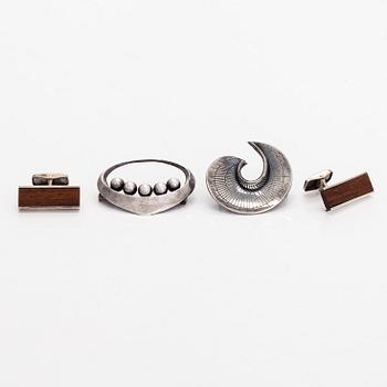 Erik Granit, Brooches and cufflinks, silver, wood, Helsinki, 1960s.