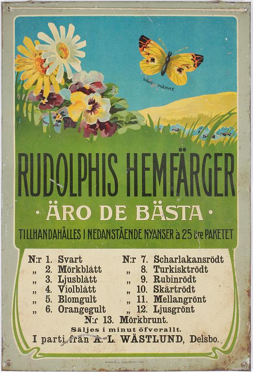 REKLAMSKYLT, litograferad plåt, A.L Wästlund, Delsbo, 1900-talets första hälft.