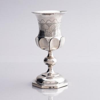 A silver chalice, possibly unidentified maker PT active in Kharkiv circa 1850.