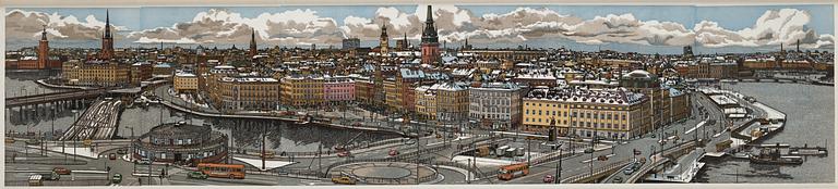 SVENOLOV EHRÉN, färgträsnitt, samramade motiv över slussen. 225/360.