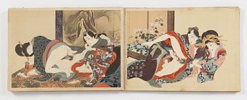 Konstnär från Utagawaskolan, Shunga album, Japan, sen Edo (1603 - 1868) eller Meiji (1868-1912). 14 målningar på siden.