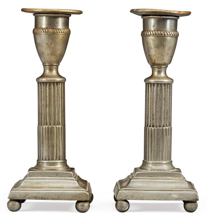 A pair of Gustavian pewter candlesticks by C. G. Malmborg Stockholm 1784.