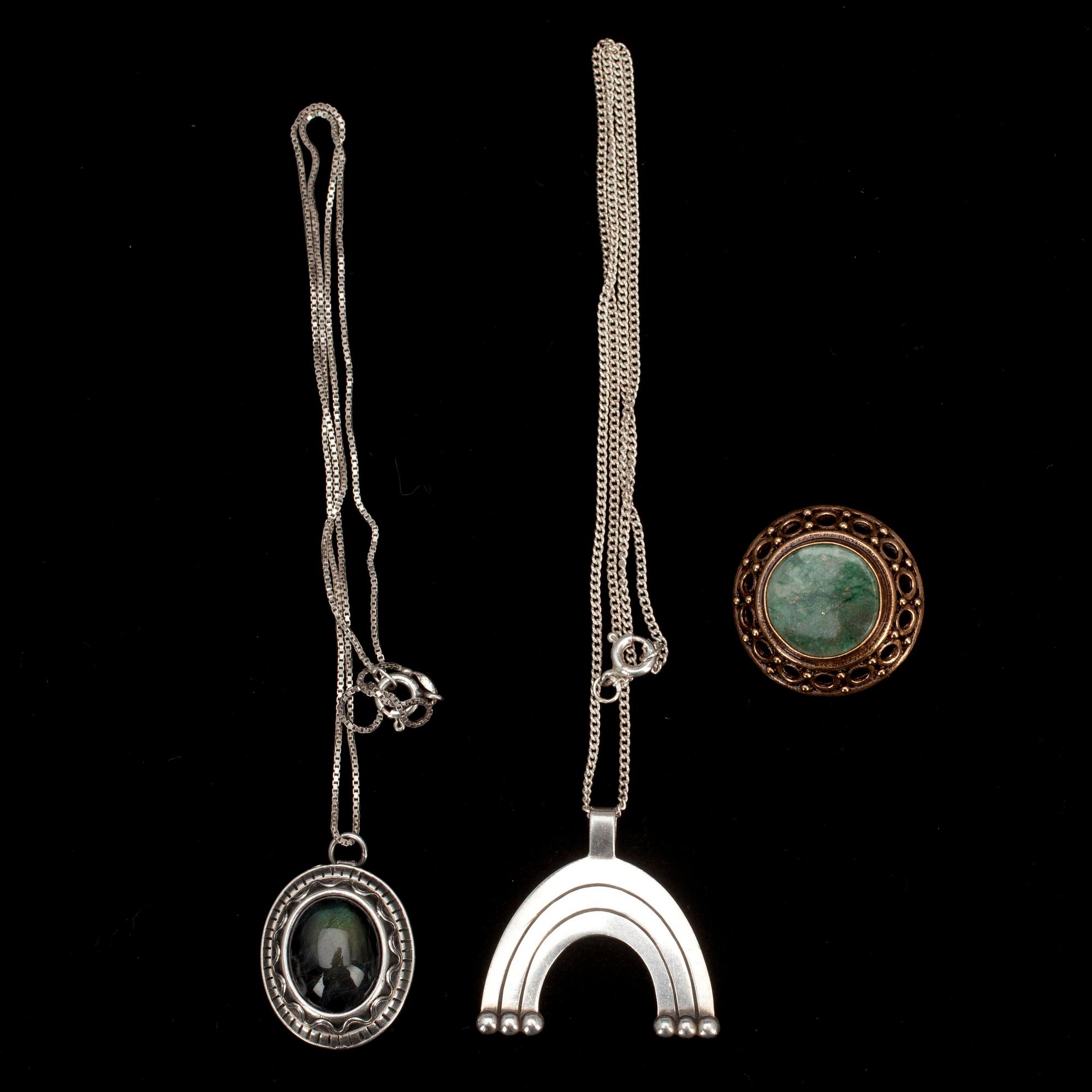 PARTI KALEVALA SMYCKEN, 5 st. silver, brons, spektrolit, agat.