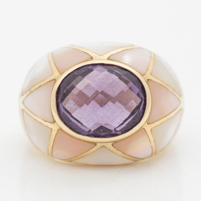 14K gold ring with mother-of-pearl and an oval checker-cut amethyst.
