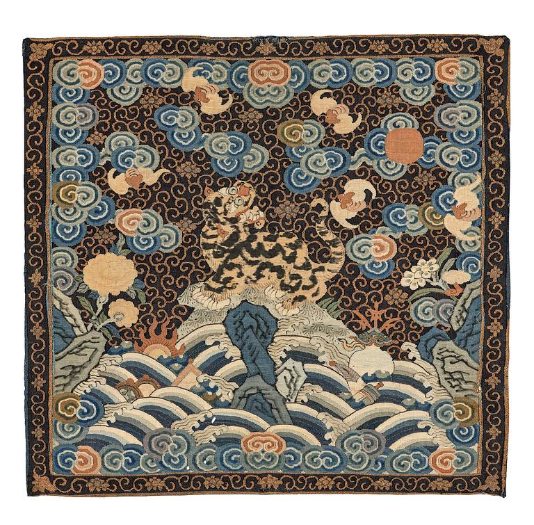 A silk kesi 'tiger' fourth military rank badge/buzi, Qing dynasty, 1820/30s.