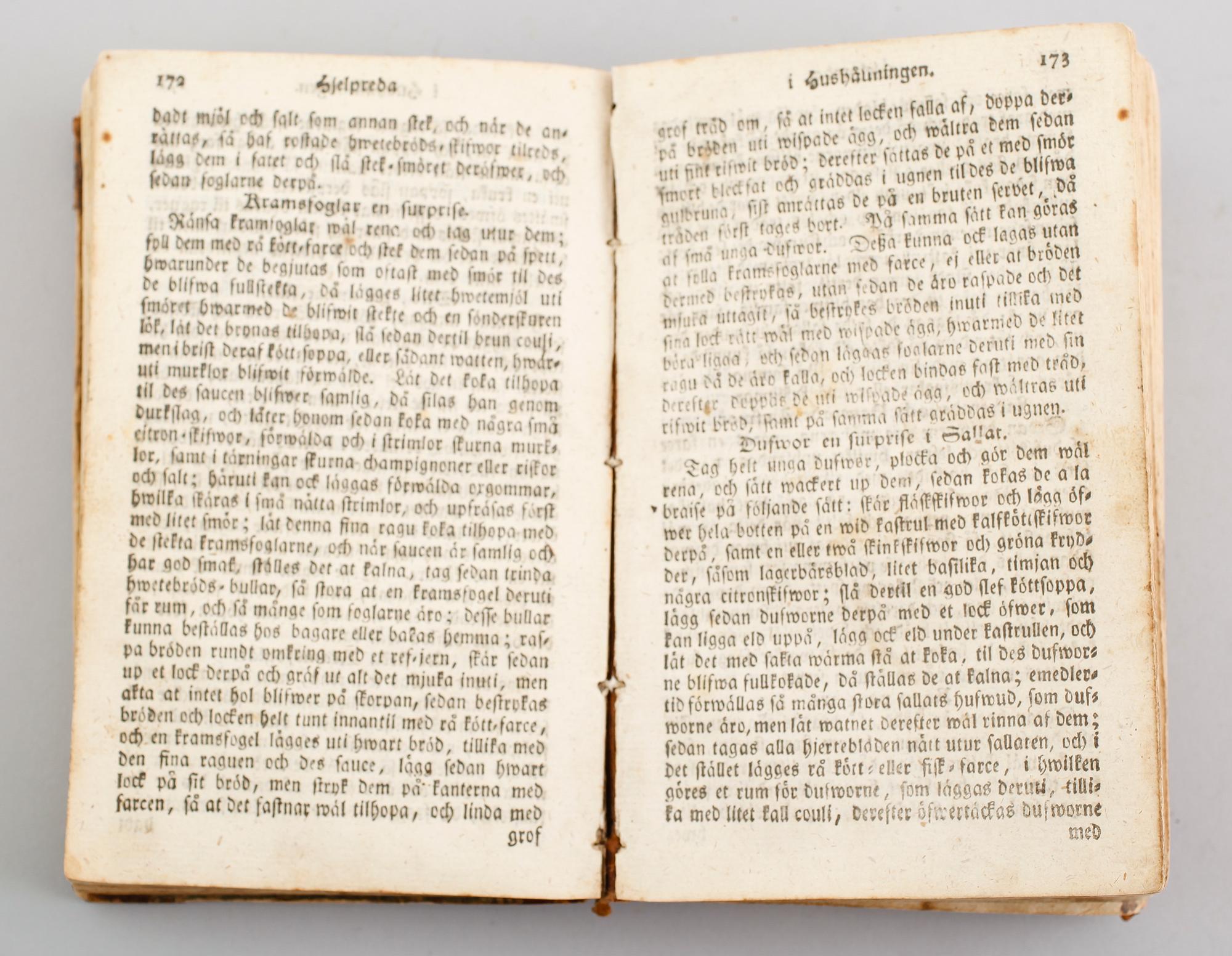 BOK: Hjelpreda i Hushållningen för unga fruentimmer av C Warg, tionde upplagan, 1795.