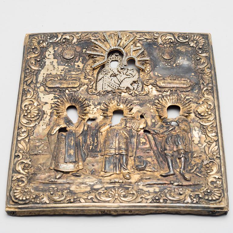 IKONI, tempera puulevylle, RIISA, kullattua hopeaa sekä helmiä, mestari Vasilij Kovalevsky, Moskova 1842.