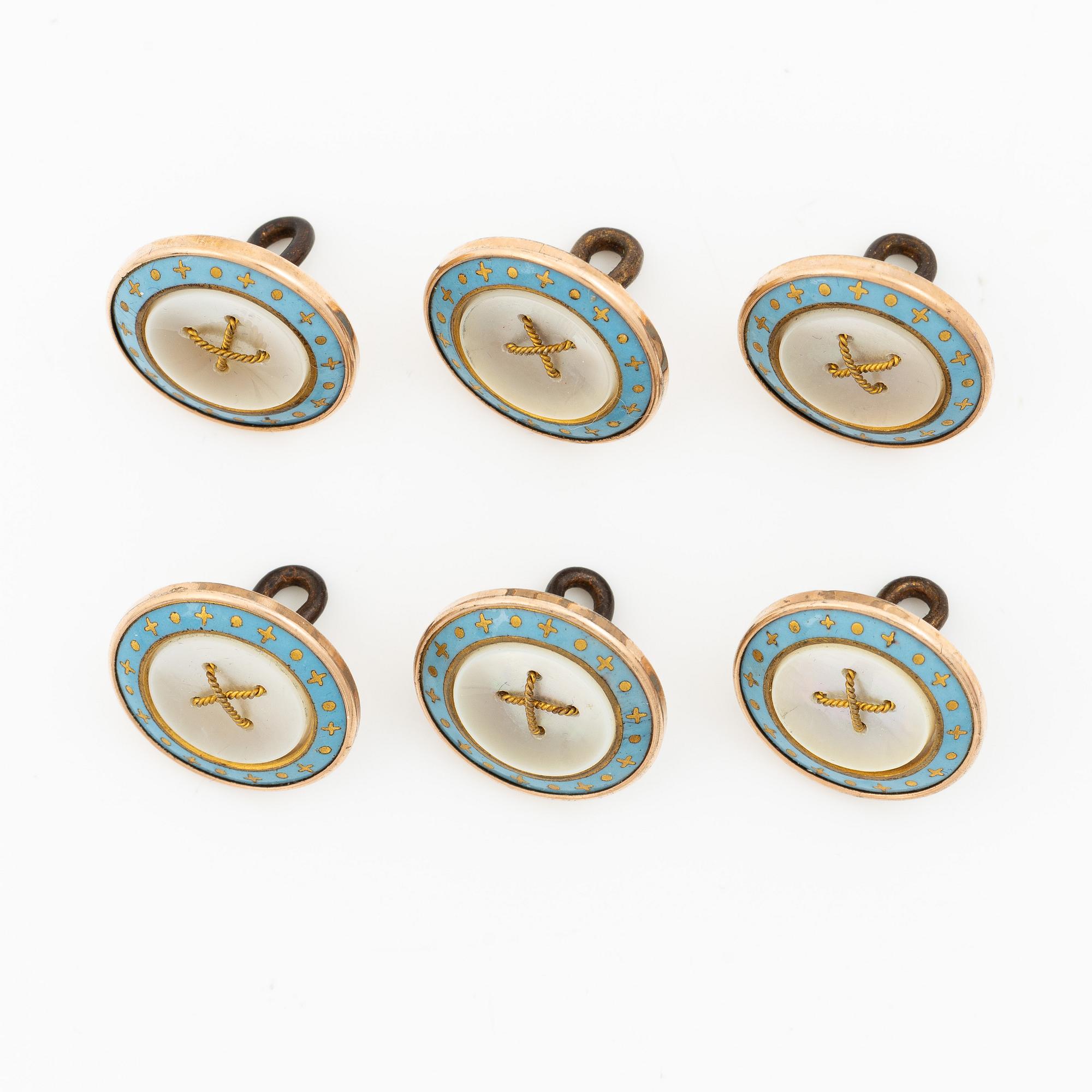 West/shirt buttons, six pieces, gilded with enamel and mother-of-pearl.