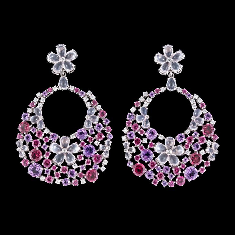 A pair of multi coloured precious stone and brilliant cut diamond earrings, tot. 1.19 cts.