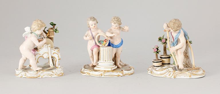 FIGURINER, 3 st, porslin, rokokostil, Meissen, troligen tidigt 1900-tal.